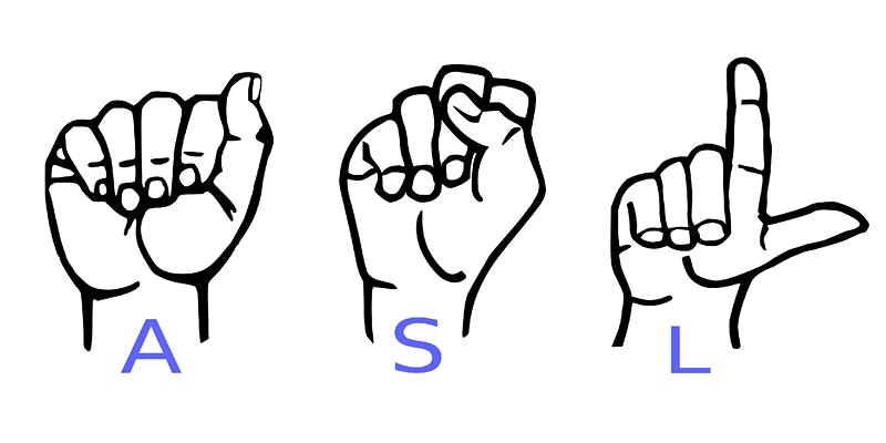 A black line drawing of three hands signing “ASL” with blue lettering below each hand translating each letter.