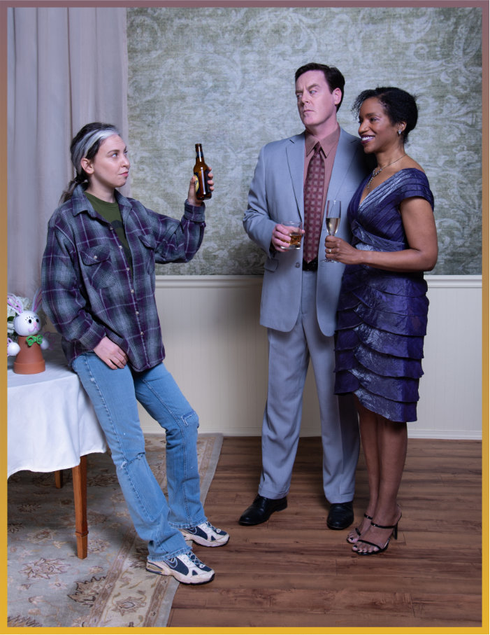 A formally dressed man and woman with wine glasses look warily at a young woman in jeans, flannel shirt and headband who raises a beer to them.
