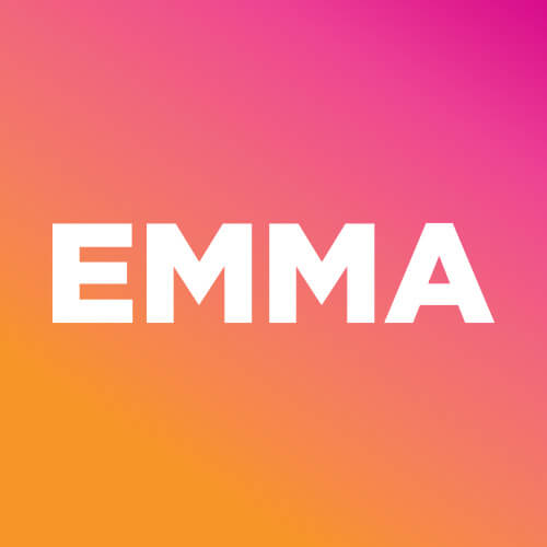 The play title "EMMA" is in white block letters against a colorful background of pink to orange gradation