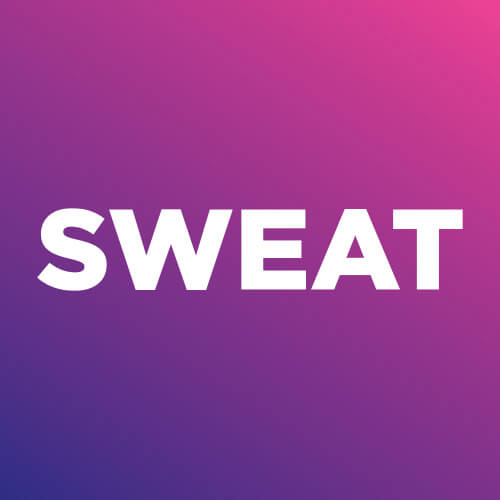 The title "SWEAT" in white block letters against a background from deep wine/purple to deep blue