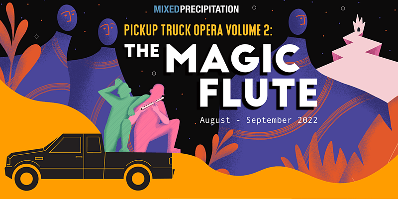 Graphic for The Magic Flute shows pink & green people on the back of a pickup truck; one plays a flute; the background shows dark night with large purple creatures