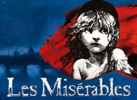 Theatre graphic shows a poor child against a red background and a dark blue city