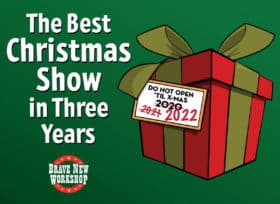 Show graphic shows title in white against green background, with a red-wrapped gift box
