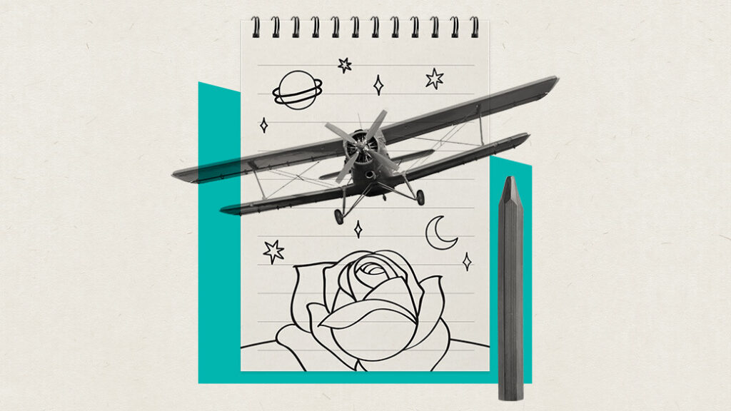 Graphic of a notepad with space symbols and a rose written on it and a plane flying through it.