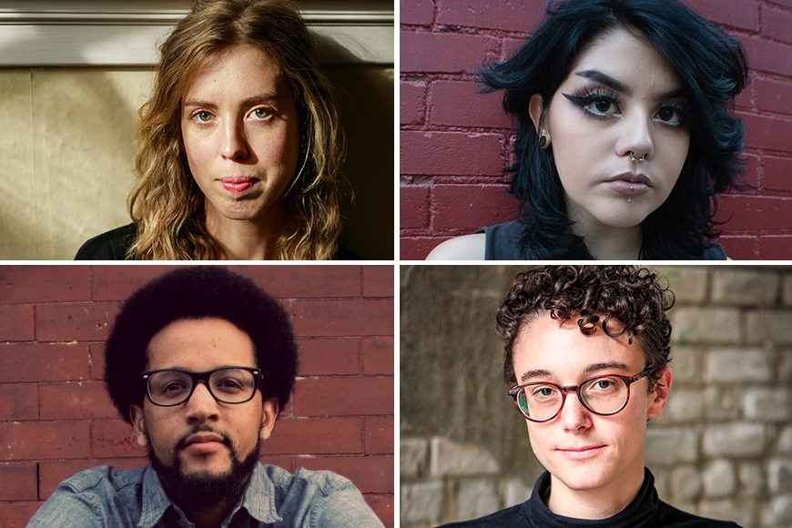 Head shots of four young writers, two women and two men