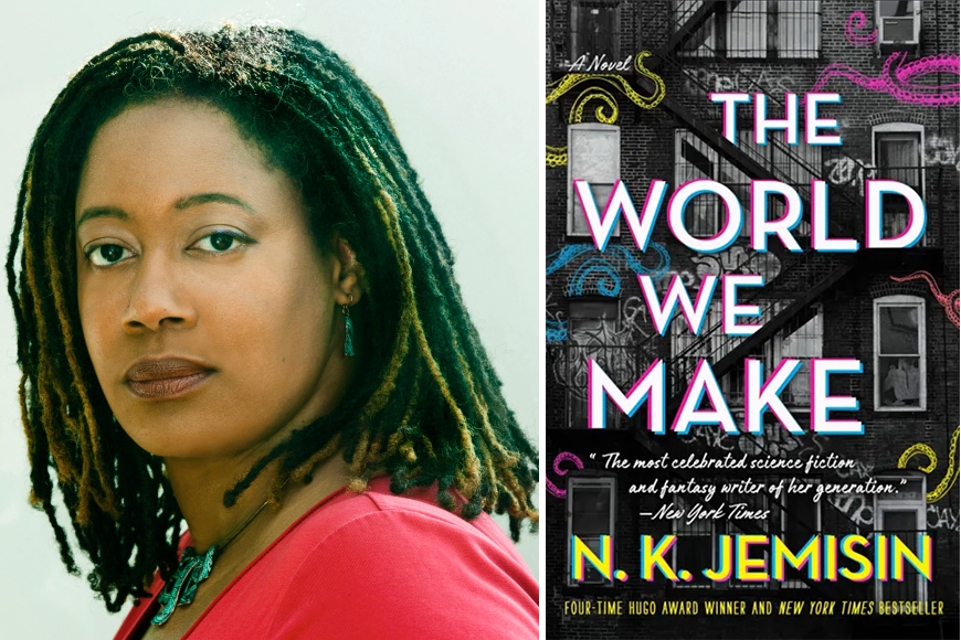 on the left a young African-American woman; on the right a book cover titled The World We Make by N. K. Jemisen against a background of a brick four-story apartment building with outdoor stairway.