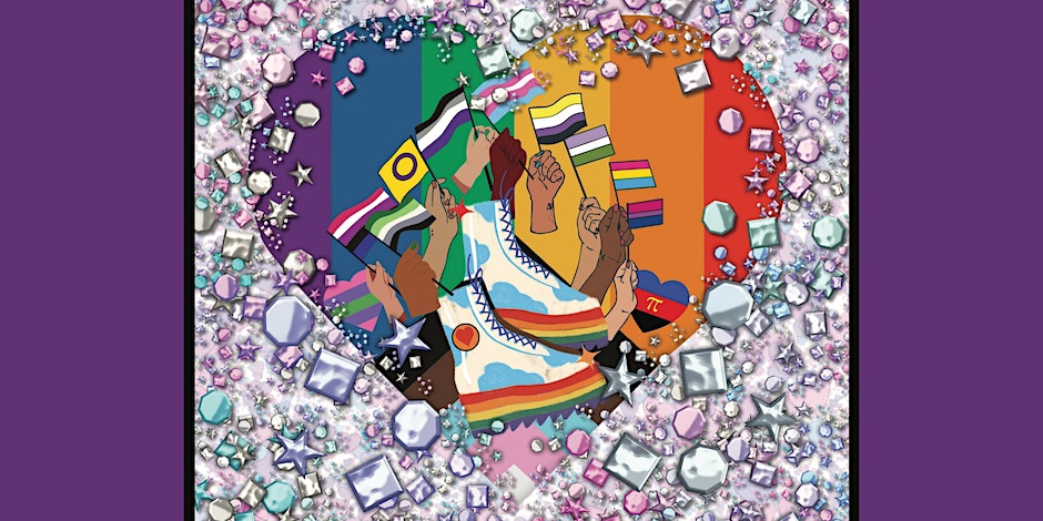 A graphic in the shape of a multi-colored heart containing flags, hands, shoes, stars and glistening shapes (circular, stars, squares, octagons)