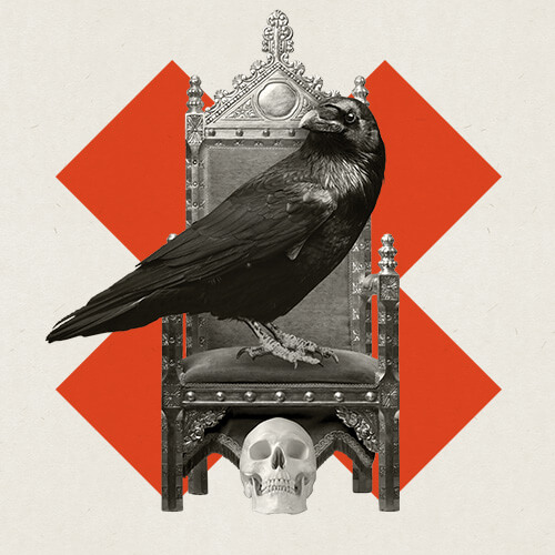 Graphic of a royal chair with a large fierce black bird sitting on the seat and a skull under the seat against a deep red X behind the chair.