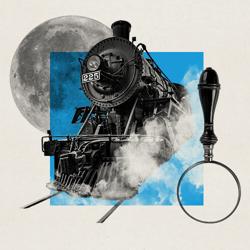 Graphic of an old steam engine steaming through a blue background, with the globe on the left and a magnifying glass on the right.