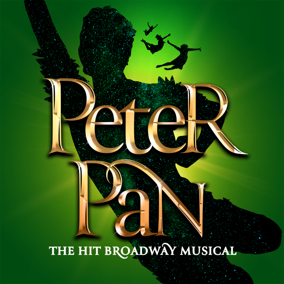 Peter Pan title in large gold letters over a large shadow of a flying boy, and smaller silhouettes in the background of other flying children