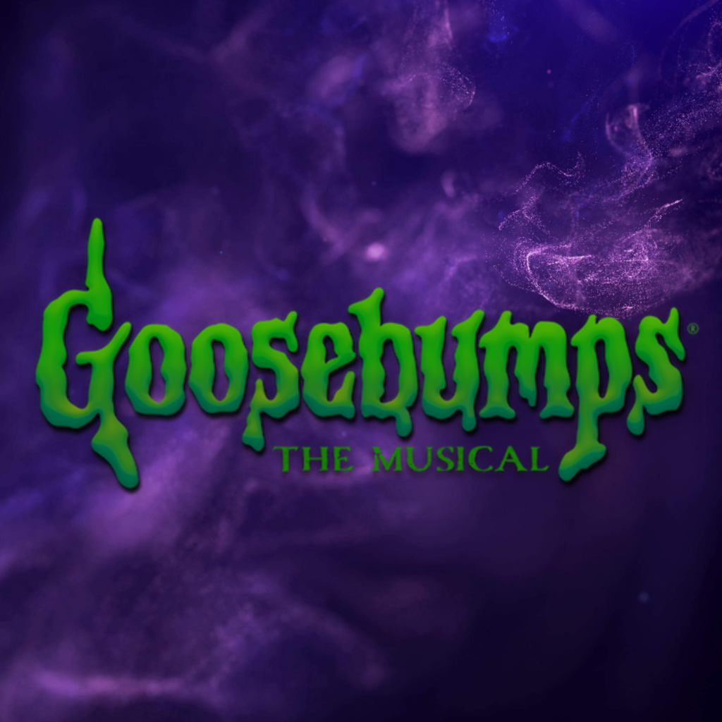 A deep purple background with ghostly shapes is behind a deep green title with each letter of Goosebumps looking like it's shivering