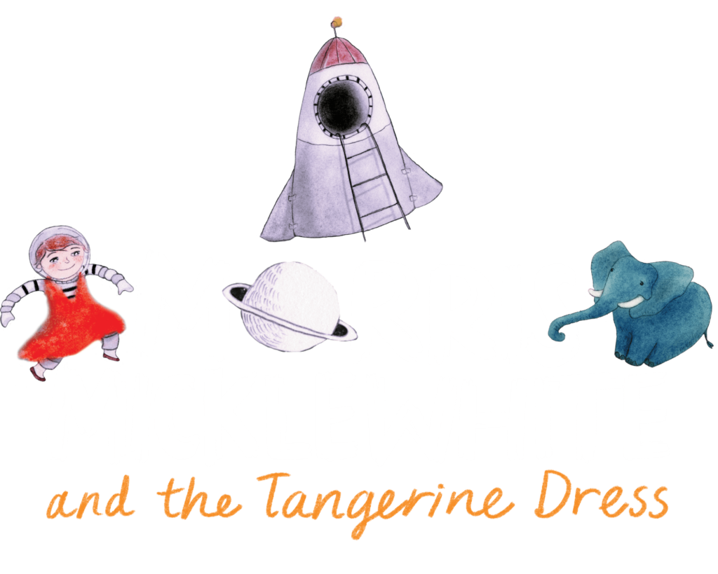 The title (Morris Micklewhite in white and the TangerineDress in orange) includes images of a spaceship, a blue elephant, a planet with an orbiting moon and a child in a bright orange dress, striped shirt and space helmet.