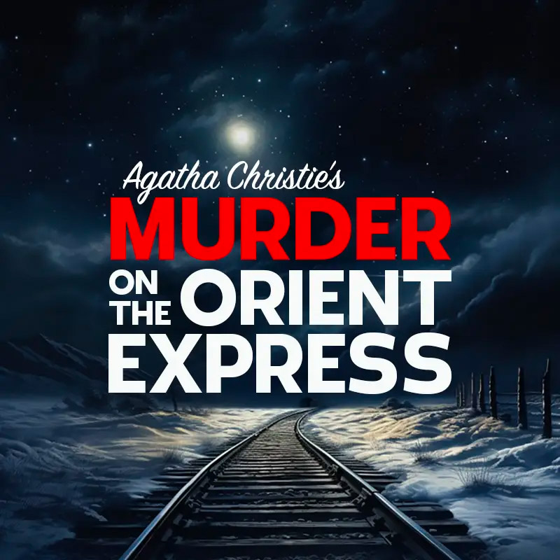 The show title (MURDER in red, other words in white) against a night sky and above railroad tracks surrounded by snow.