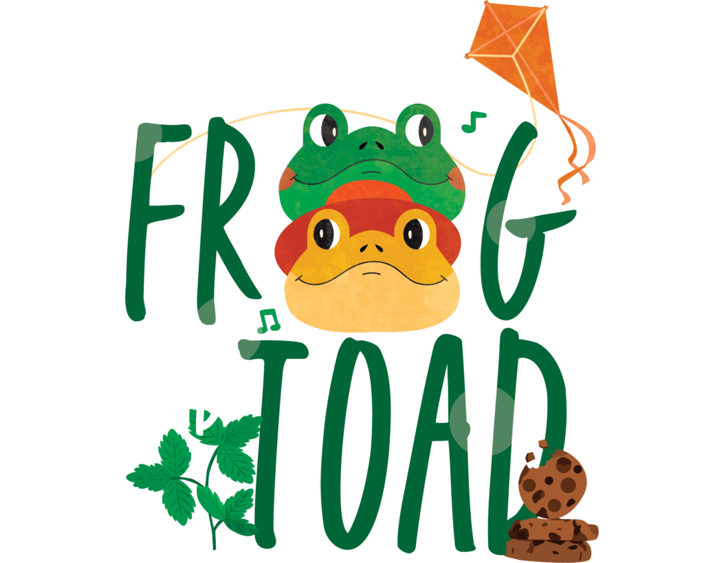 The title's FROG is in green with the "O" created by two faces (of a frog and toad); at the end of TOAD are several partly-eaten cookies, and a kite flies above the title.
