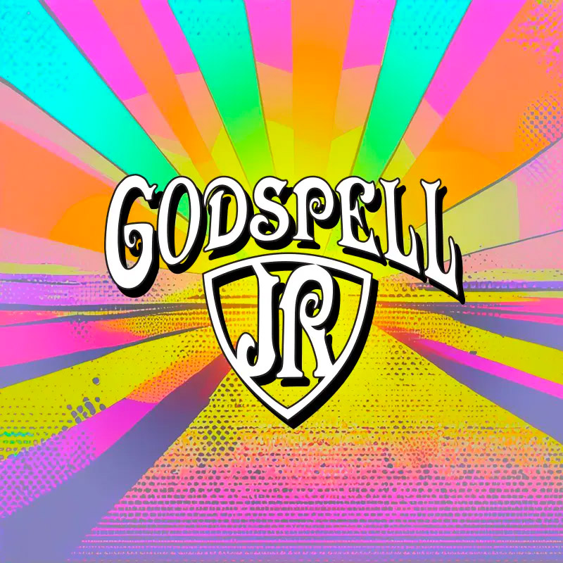 The title GODSPELL JR. is superimposed in the center of a colorful background of bands of color