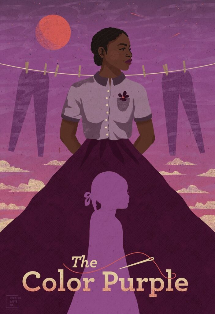 A poster in different shades of purple shows a Black woman looking to the side, her arms behind her back, with a silhouette of a young girl against her dark dress. The background shows several pairs of pants hung on a clothesline against a purple sky of stars, clouds and an orange sun or moon.