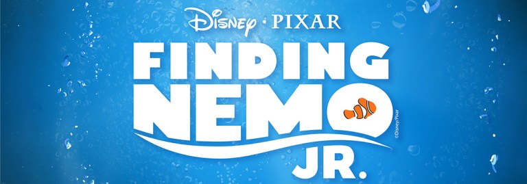 The Disney Pixar title is in large white letters against a blue bubbly background with an orange footprint on the O of NEMO.