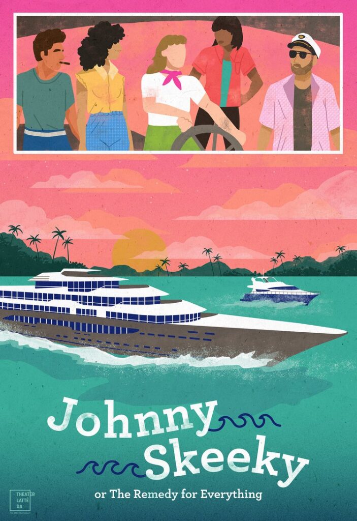 The title is in white over an aqua sea with a large cruise ship and another elegant boat in a bay with hills and palm trees and a pink sky in the distance.