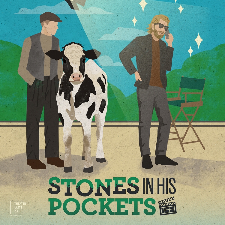 Illustration of two men standing at either side of a cow against a green hilly background. One wears an Irish cap and vest. the other is on a cellphone wearing a sport jacket and standing next to a director's chair.