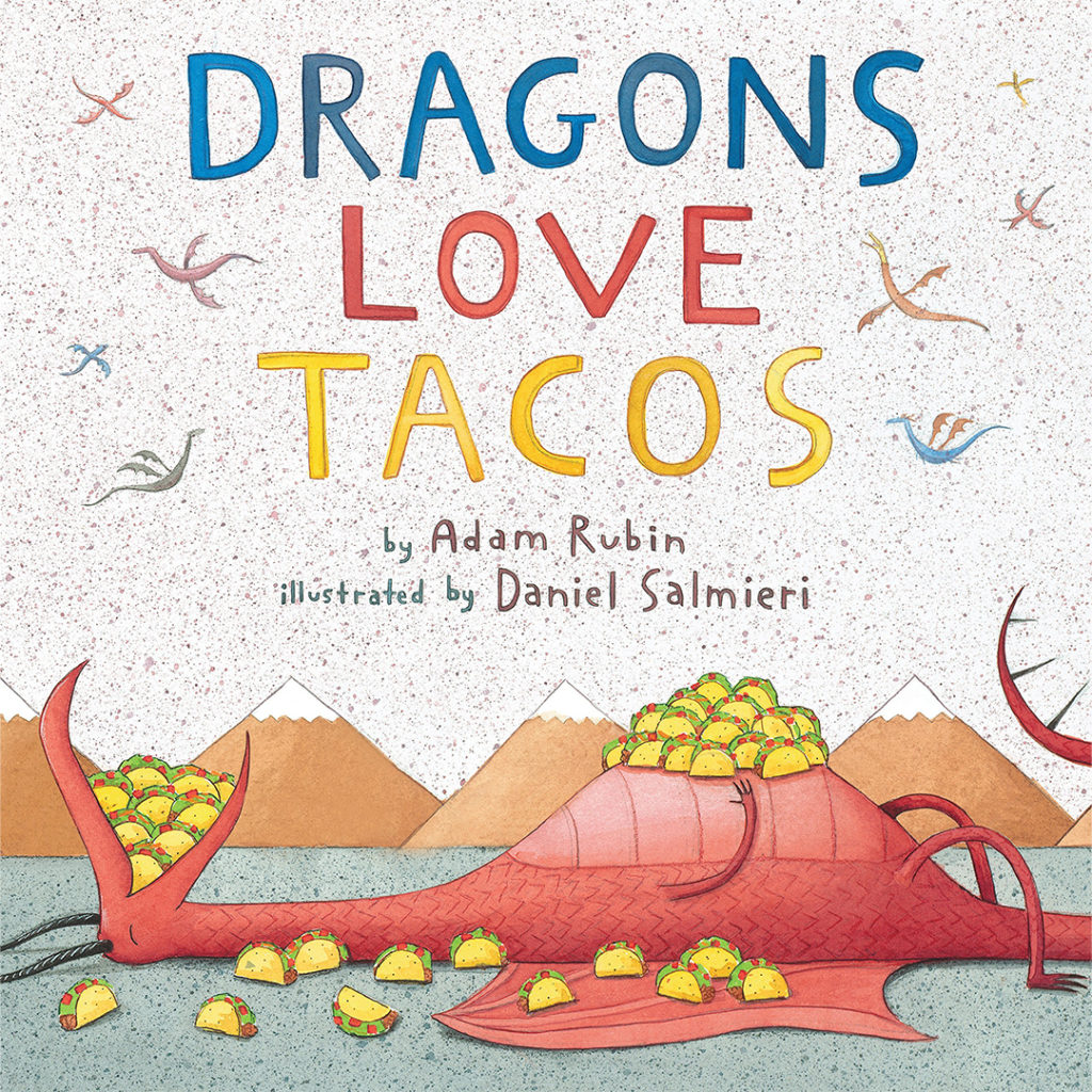 A large red dragon lies on its back on the ground, with tacos filling its mouth, piled on its belly and on the ground. Rising above mountains is a sky of small flying dragons.