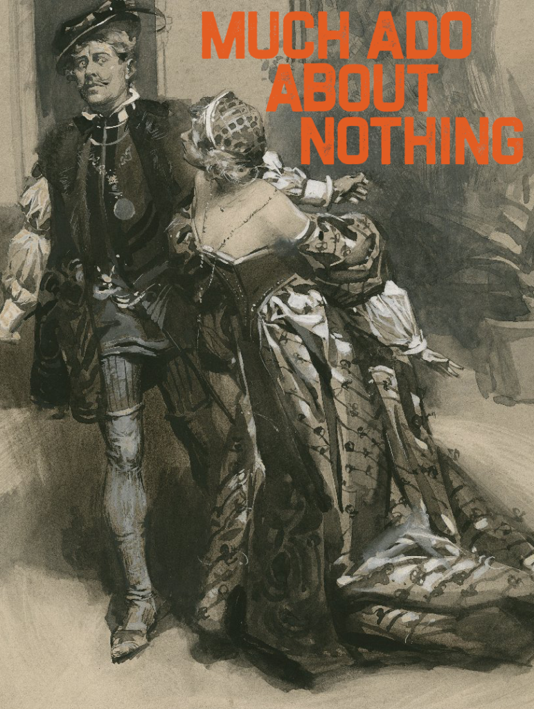 Decorative Image: Kill Claudio by Max Cowper (1905), with text overlay "MUCH ADO ABOUT NOTHING"