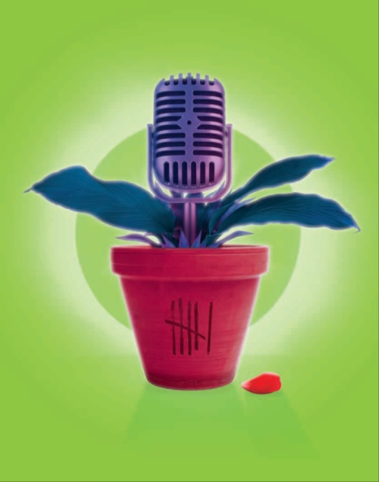 Illustration of a purple plant and a microphone emerging from a red flower pot. Six slashes are found on the pot, and a drop of blood against a green background.