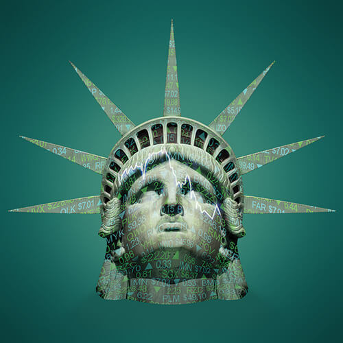 The head of the Statue of Liberty is overlaid with a profit/loss chart showing falling values