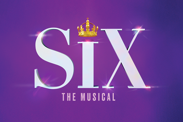 Text reading "SIX, the musical" on a royal purple background