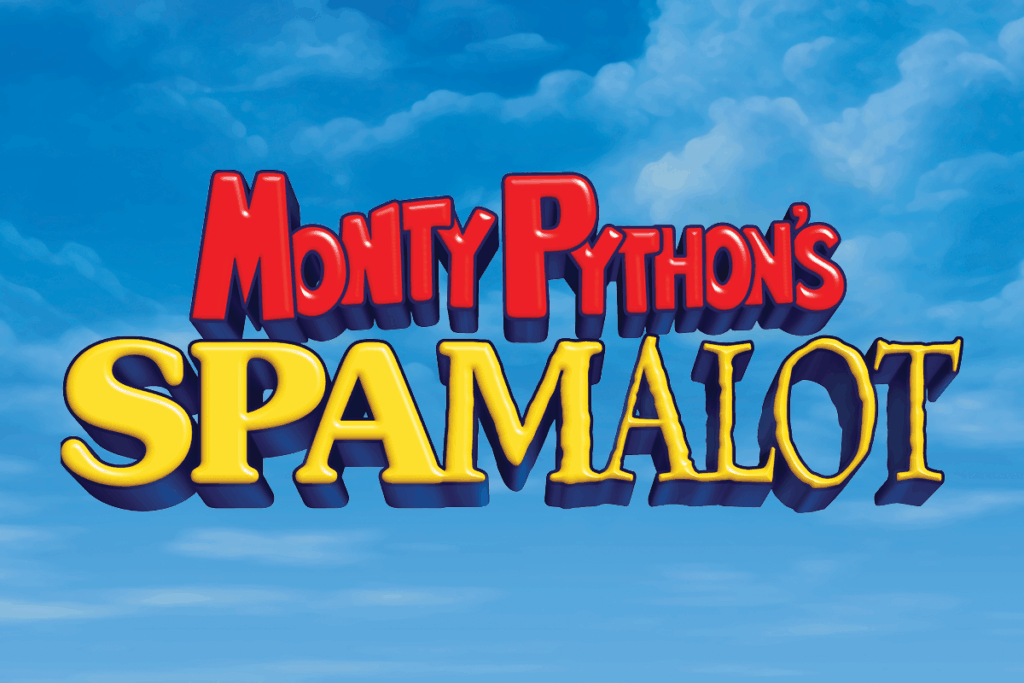 Text reading "Monty Python's Spamalot" on a stylized sky background