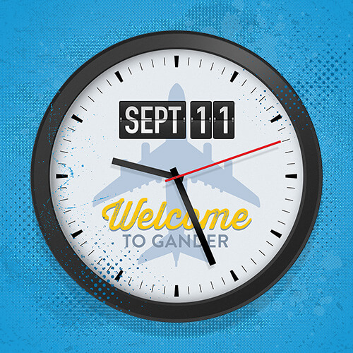 against a blue background a wall clock with black rim and white face showing 9:26, the date Sept 11 and Welcome to Gander shadowed by a plane in