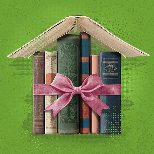 against a green background six hardbound books wrapped in a pink bow under a white book serving as a roof to the book house