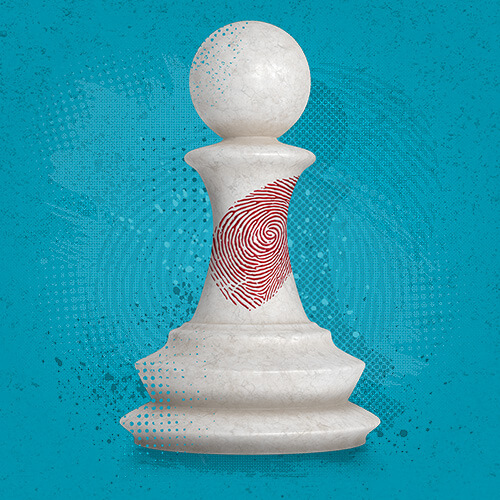 against a blue background a white chess pawn with a red thumbprint