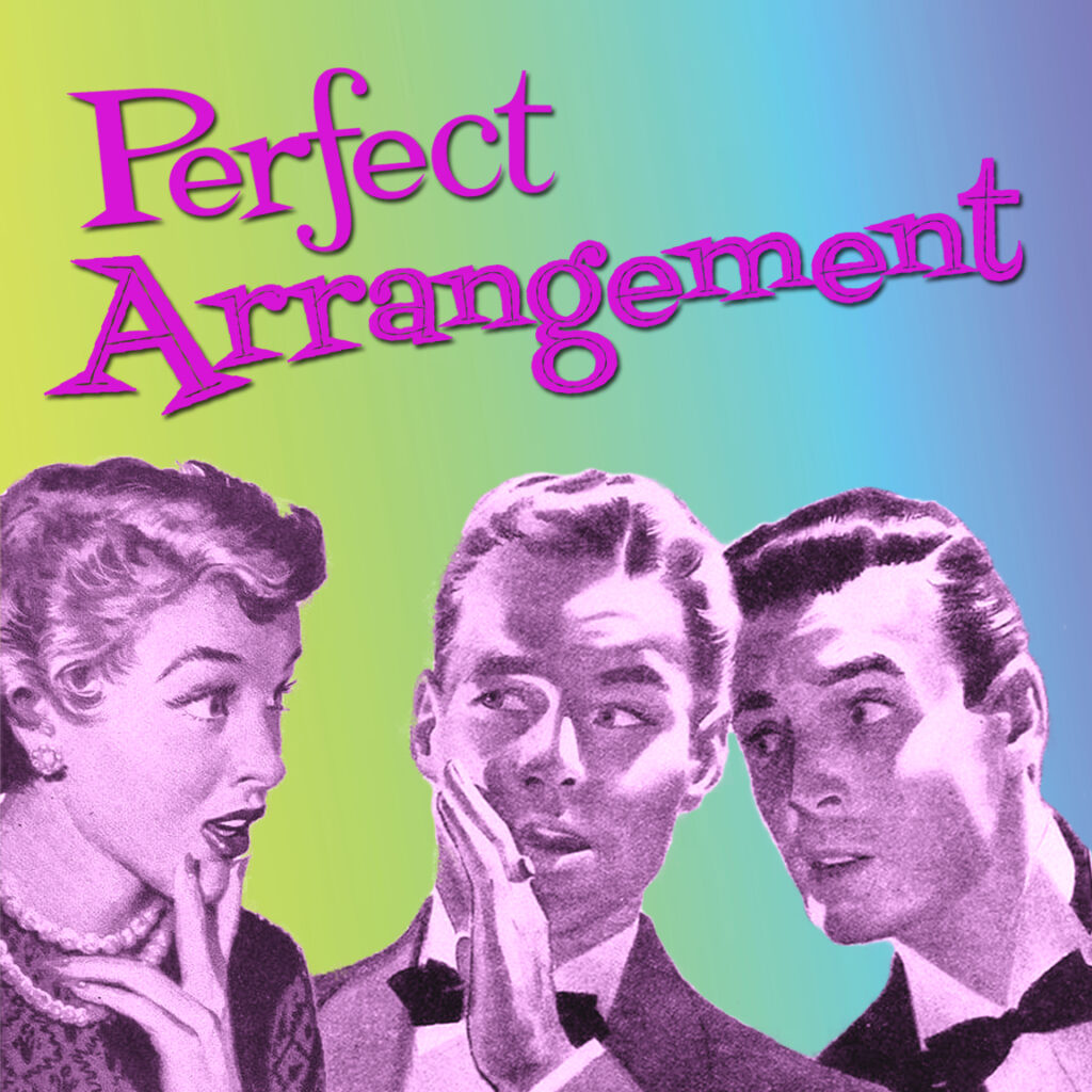 Two men and a woman with surprised expressions hold their hands up to their mouths as though gossiping