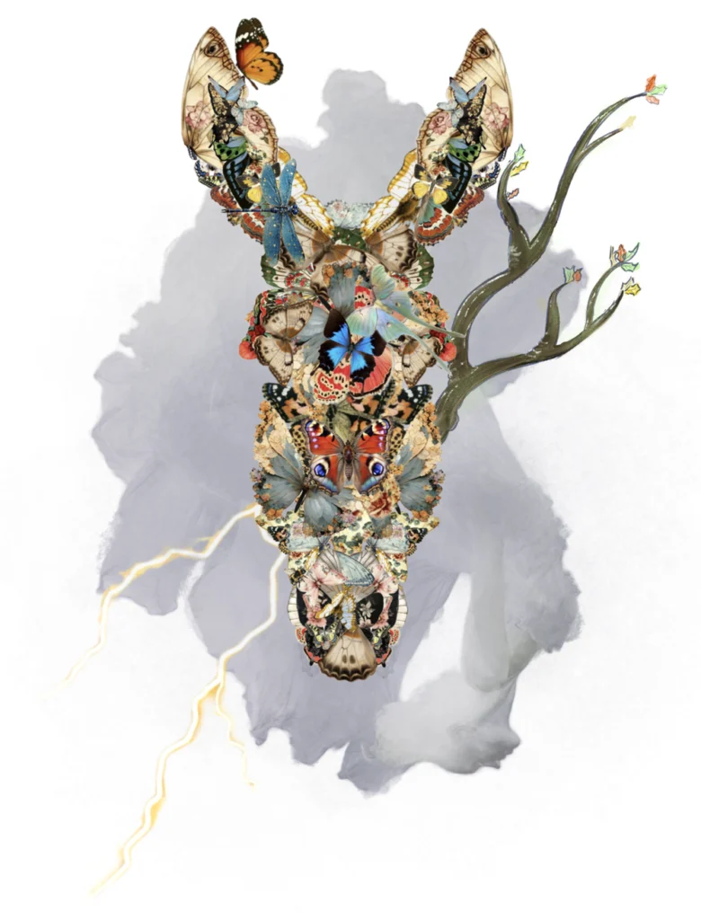 A collage of butterflies and dragonflies in the shape of a donkey's head, with a tree branch emerging from the right side and lightning bolts emerging from the bottom left side of the donkey head