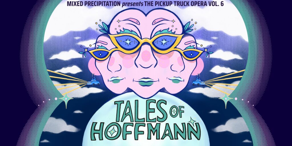Tales of Hoffmann show graphic featuring a three-headed being wearing magical eye glasses.