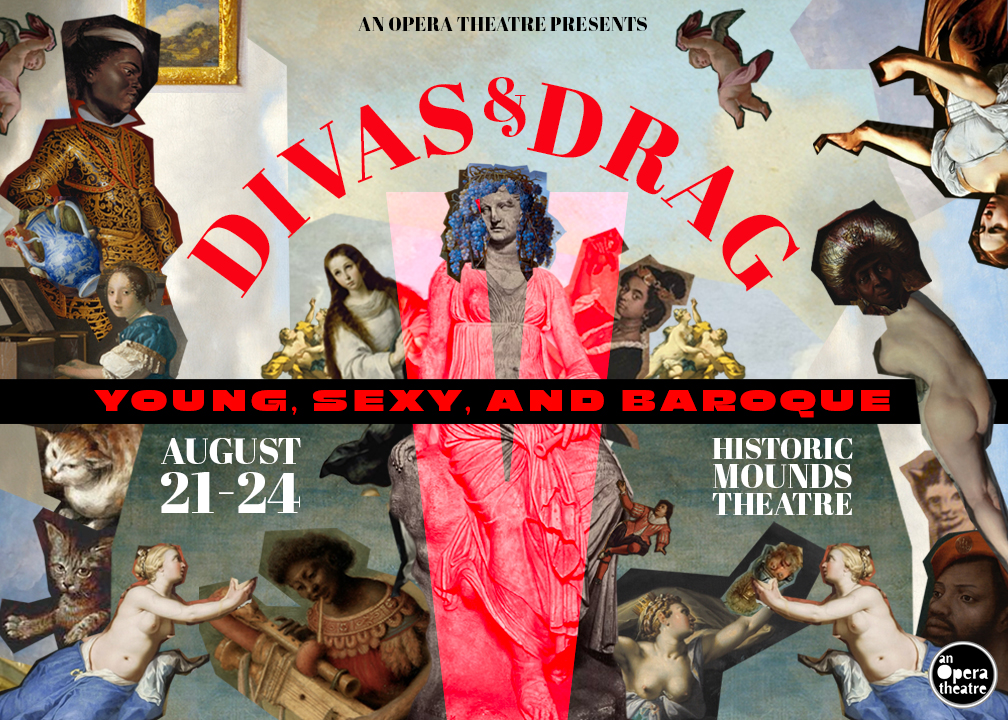 collage of baroque-era images of cherubs, creepy silly looking cat faces, with the goddess of music greek sculpture in the middle with the text DIVAS & DRAG V text overlay in neon bright red pink