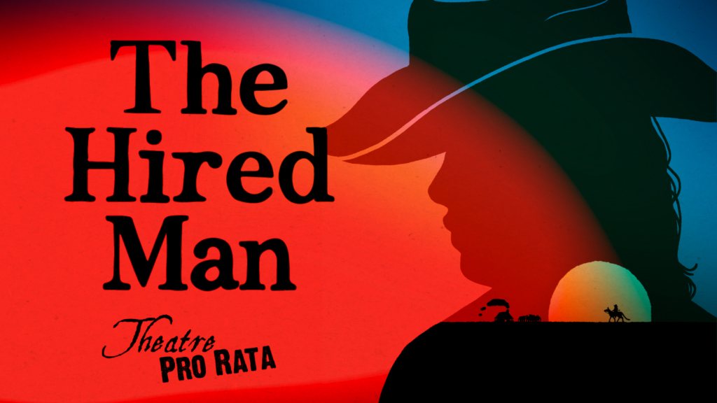 A silhouette of a cattle rancher with a tipped hat, along with a small skyline of a ranch and a vast sunset.