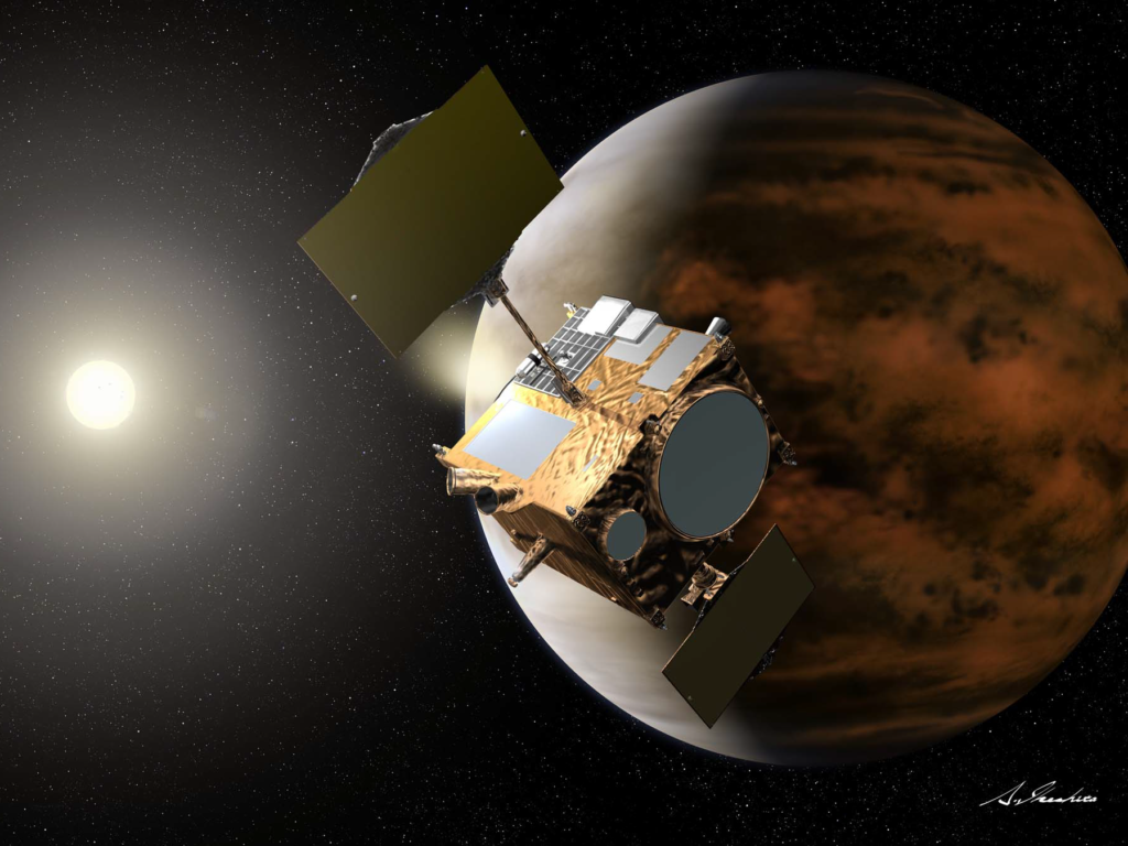 Satellite in outer space in front of Venus with the Sun in the background.